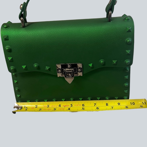 Green Studded Jelly Satchel Top Handle Crossbody Bag Rivet Lock Y2K - Picture 4 of 16